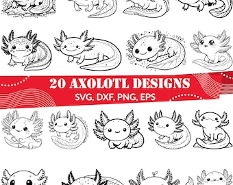アホロートルSVGバンドル、サンショウウオクリップアート、かわいい両生類のシルエット、メキシコのウォーキングフィッシュカットファイル
