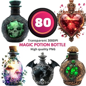 May include: A collection of fantasy potion bottles with intricate designs. One bottle features a glowing green skull, while another is heart-shaped with red liquid. The image includes text that reads "MAGIC POTION BOTTLE".