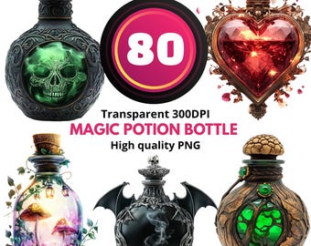 80 toverdrankfles clipartset – Fantasy Elixir PNG-bundel, Mystic Apothecary-flessen, hekserij en alchemiekunst, transparant 300 DPI