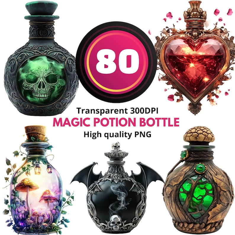 80 Magic Potion Bottle Clipart Set – Fantasy Elixir PNG Bundle, Mystic ...