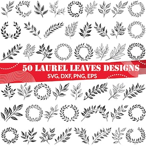 Pode incluir: Um conjunto de 50 desenhos de folhas de louro em preto e branco, incluindo coroas e folhas individuais. Os desenhos são perfeitos para artesanato, scrapbooking e outros projetos criativos. SVG, DXF, PNG, EPS.