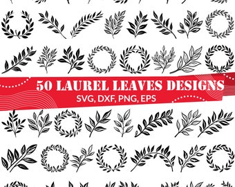 50 Laurel Leaves SVG Bundle, Wreath Clipart, Leaf Branch PNG, Botanical Silhouette, Award Victory