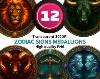 12 Zodiac Signs Medallion PNG Bundle, Astrology Clipart, Mystical Gold Coin PNG, Horoscopes Sublimation