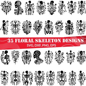 May include: 35 black and white floral skeleton designs. The skeletons are in various poses, some with flowers growing out of their bodies, some with flowers around them, and some with flowers in their hands. The designs are perfect for crafting, scrapbooking, and other creative projects.