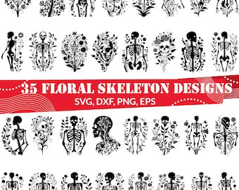 Floral Skeleton SVG, Skull with Flowers Clipart, Boho Skeleton Vector, Gothic Floral Skull, Halloween Cricut File, Tattoo Style Skeleton