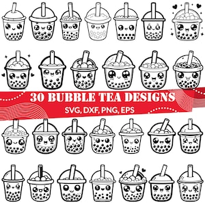 May include: Black and white illustration of 30 bubble tea designs. Each design features a cup with a straw and tapioca pearls, with various cute facial expressions. Text reads "30 BUBBLE TEA DESIGNS" and file type options.