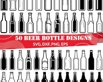 Puede incluir: Cincuenta diseños de contorno de botellas de cerveza en blanco y negro. Los diseños son de varios estilos, incluyendo altos, bajos y con diferentes formas de cuello. El texto "50 BEER BOTTLE DESIGNS" está en la parte superior de la imagen, y el texto "SVG, DXF, PNG, EPS" está debajo.