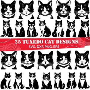 Può includere: Un set di 25 disegni di gatti tuxedo in bianco e nero in varie pose. I disegni sono perfetti per progetti di artigianato, come adesivi in ​​vinile, disegni di magliette e altro ancora. Il testo "25 Tuxedo Cat Designs" è visualizzato sopra i gatti, insieme ai formati di file "SVG, DXF, PNG, EPS".