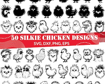 Silkie Chicken SVG Bundle, Fluffy Hen Clipart, Cute Chick PNG, Farm Animal Silhouette