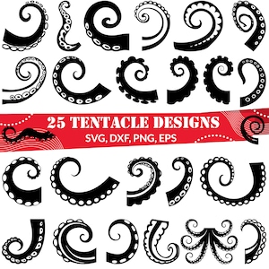 May include: A set of 25 black and white tentacle designs. The designs are in various shapes and sizes, and some have a swirl pattern. The text "25 Tentacle Designs" and "SVG, DXF, PNG, EPS" is at the top of the image.