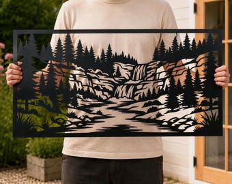 Waterval lasergesneden bestand SVG DXF, panoramisch paneel met bosscène, CNC-plasmavectorbestanden, bergrivier kunst aan de muur