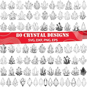Puede incluir: Un conjunto de 80 diseños de cristales en blanco y negro. Los diseños son de diversas formas y tamaños, y algunos tienen un efecto brillante. El texto "80 CRYSTAL DESIGNS" está en la parte superior de la imagen, y el texto "SVG, DXF, PNG, EPS" está debajo.
