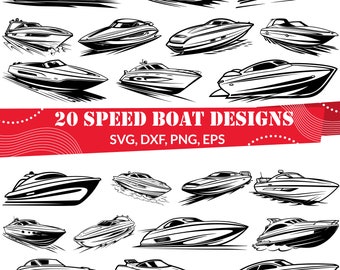 May include: A set of 20 black and white speed boat designs. The boats are drawn in a simple, stylized way, with a focus on their sleek lines and powerful engines. The designs are perfect for use in a variety of projects, such as t-shirts, mugs, stickers, and more.