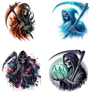 May include: Four illustrations of the Grim Reaper. One is surrounded by flames, another by ice, a third by a galaxy, and the last one holding a crystal ball. Each figure is depicted with a skull face, a hooded cloak, and a scythe.