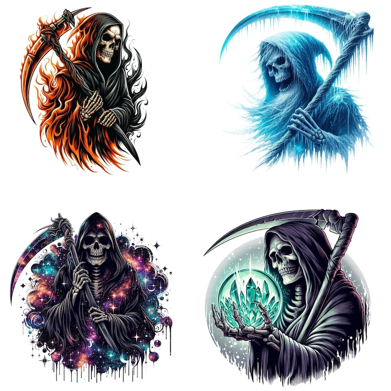 May include: Four illustrations of the Grim Reaper. One is surrounded by flames, another by ice, a third by a galaxy, and the last one holding a crystal ball. Each figure is depicted with a skull face, a hooded cloak, and a scythe.