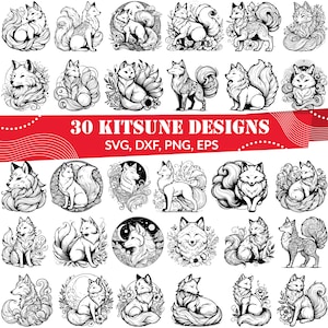 May include: A set of 30 black and white digital illustrations of kitsune, a Japanese mythical fox spirit, in various poses and styles. The illustrations are perfect for crafting projects, digital designs, and more.  30 Kitsune Designs SVG, DXF, PNG, EPS