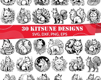 May include: A set of 30 black and white digital illustrations of kitsune, a Japanese mythical fox spirit, in various poses and styles. The illustrations are perfect for crafting projects, digital designs, and more.  30 Kitsune Designs SVG, DXF, PNG, EPS