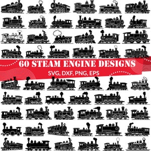 Pode incluir: Um conjunto de 60 desenhos de locomotivas a vapor em preto e branco. Os desenhos são de vários estilos, incluindo clássico, moderno e caprichoso. Os desenhos são perfeitos para usar em artesanato, scrapbooking e outros projetos criativos. SVG, DXF, PNG, EPS.