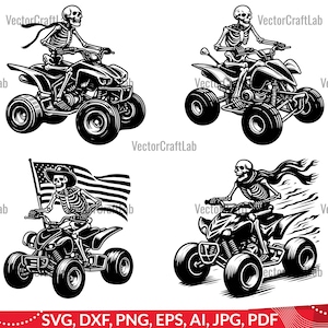 May include: Four black and white illustrations of skeletons riding four-wheeled all-terrain vehicles. The skeletons are wearing various accessories, including a cowboy hat, a scarf, and a bandana. The vehicles are all different designs and have various details, such as headlights, handlebars, and wheels.