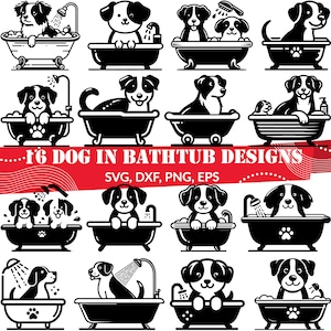 May include: 16 black and white illustrations of dogs in bathtubs. The dogs are in various poses, some are sitting, some are standing, and some are laying down. Some of the dogs have soap suds on them. The text "16 DOG IN BATHTUB DESIGNS" is at the bottom of the image. The text "SVG, DXF, PNG, EPS" is below the first text.