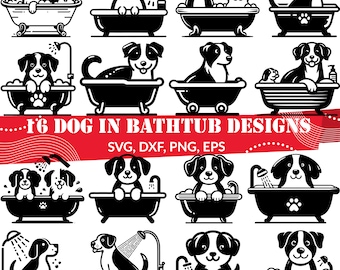 Puede incluir: 16 ilustraciones en blanco y negro de perros en bañeras. Los perros están en varias poses, algunos están sentados, algunos están de pie y algunos están acostados. Algunos de los perros tienen espuma de jabón sobre ellos. El texto "16 DOG IN BATHTUB DESIGNS" está en la parte inferior de la imagen. El texto "SVG, DXF, PNG, EPS" está debajo del primer texto.