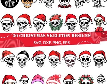 Weihnachtsskelett SVG Bundle | 30 Lustige Schädel-Weihnachtsmann-Designs | Alternative Weihnachtsdeko | Urlaub Skelett Clipart für Cricut & Sublimation
