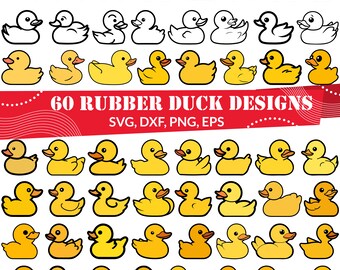 May include: Sixty different rubber duck designs in various poses and colors. The ducks are yellow, orange, and white. The designs are perfect for crafting and creating projects.