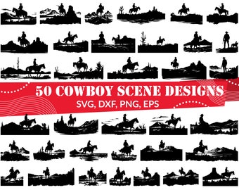 Paquete SVG de escena de vaquero, escena occidental svg, svg de vaquero, escena de vaquero dxf, escena de vaquero png, vector de escena de vaquero, diseño del Salvaje Oeste