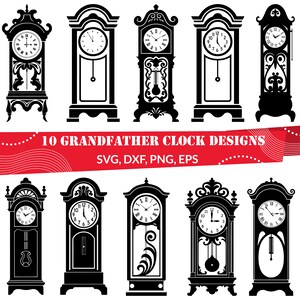 May include: Ten black and white silhouette designs of grandfather clocks. The clocks have different styles and designs, including ornate carvings and pendulum swings.