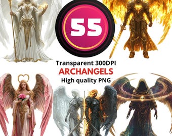 55 Erzengel Clipart-Set - Himmlischer Engel PNG-Bundle, Epische Fantasy-Engelkunst, Göttlicher Krieger Illustrationen, Transparent 300 DPI