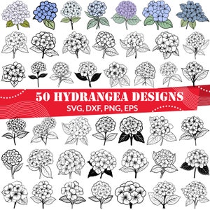 May include: 50 Hydrangea Designs SVG, DXF, PNG, EPS. A collection of 50 black and white hydrangea flower illustrations in various styles. The designs are perfect for crafting, scrapbooking, and digital projects.