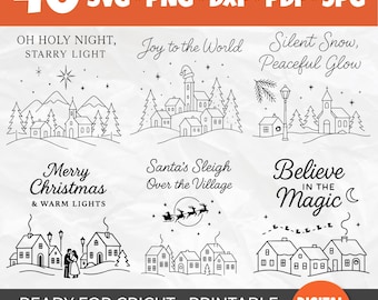 Kerstdorp SVG-bundel | 40 vakantiedorp lijntekeningen ontwerpen voor Cricut en silhouet | Clipart kerstscène voor kaarten, sublimatie