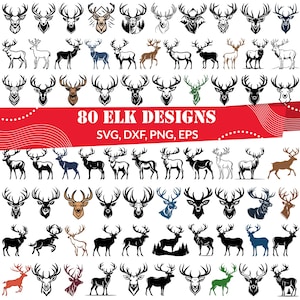 May include: A set of 80 elk designs in various poses and styles. The designs are in black and white, and some have a red, blue, or green color fill. The designs are perfect for crafting, scrapbooking, and other creative projects. The text "80 Elk Designs" and "SVG, DXF, PNG, EPS" is displayed on a red banner.