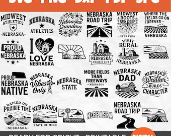 Nebraska SVG Bundle | 50 Prairie State Designs | Cornhusker State Quotes | Farm & Midwest Clipart | Road Trip, Barn, Roots Cut Files