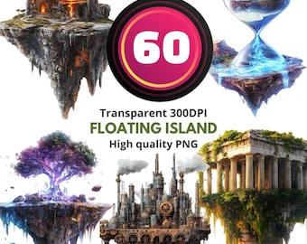 60 Floating Island Clipart Set – Fantasy Sky Island PNG Bundle, Magical Floating Landscape Art, Steampunk & Ancient Ruins, 300 DPI