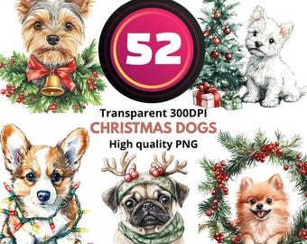 52 aquarel kersthond clipart – schattige puppy vakantie png-bundel, feestelijke huisdier kunst, transparant 300 dpi