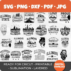 Paquete de 50 SVG de Illinois / Diseños de la Tierra de Lincoln / Ruta 66, Orgullo del Medio Oeste, Horizonte de Chicago y Vida en el Campo / Mapa de Illinois / Citas de Illinois