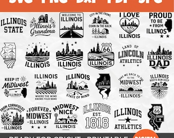 50 Illinois SVG Bundle | Land of Lincoln Designs | Route 66, Midwest Pride, Chicago Skyline & Farm Life | Illinois Map | Illinois Quotes