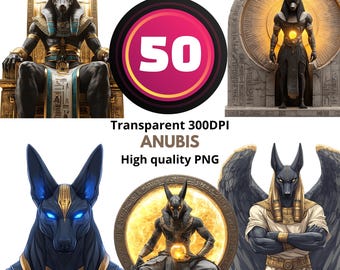 May include: A collection of Anubis-themed digital art images. The images feature the Egyptian god Anubis in various poses, with a dark color palette and gold accents. The text "Transparent 300DPI ANUBIS High quality PNG" is also present.