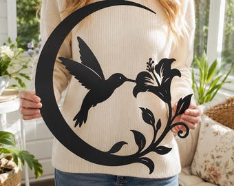 Kolibrie lasergesneden bestand SVG DXF, wassende maan muurkunst, hibiscus bloem CNC-bestanden