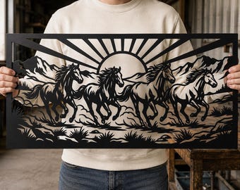Lasergesneden afbeelding van rennende wilde paarden (SVG/DXF), wilde hengst bij zonsondergang, galopperende mustangs