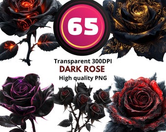 65 Dark Rose Clipart Set – Gothic Black Roses PNG Bundle, Fantasy Floral Illustrations, Elegant Red & Gold Accents