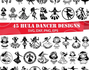 45 Hula Tänzer SVG Bundle, Hawaiianische Mädchen Silhouette, Luau Party PNG, Polynesische Tänzerin Vektor, Tropische Aloha Kunst
