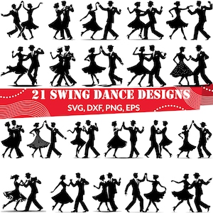 Könnte beinhalten: 21 Schwarz-Weiß-Silhouetten-Illustrationen von Paaren, die Swing tanzen. Die Illustrationen sind in verschiedenen Posen und vor einem weißen Hintergrund angeordnet. Der Text "21 Swing Dance Designs" befindet sich oben im Bild, darunter der Text "SVG, DXF, PNG, EPS".