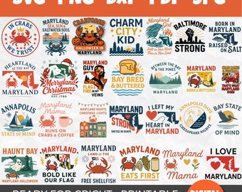 Maryland SVG Bundle with 30 State Quotes, Crabs, Baltimore, Annapolis, and Bay Life Sayings for Cricut Sublimation & Crafts