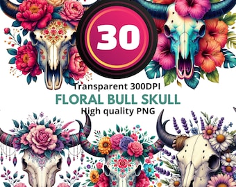 Floral Bull Skull Clipart – 30 Western Boho PNG, Steer Skull with Flowers, Bohemian Sublimation, Cow Skull PNG Bundle