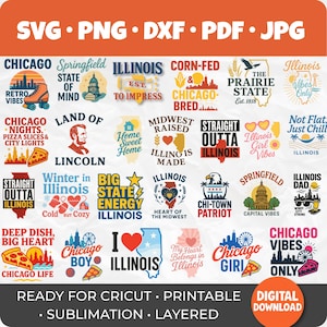 Puede incluir: Colección de diseños digitales con temática de Illinois en formatos SVG, PNG, DXF, PDF y JPG. Los diseños incluyen gráficos de Chicago y Springfield, lemas estatales e ilustraciones variadas.