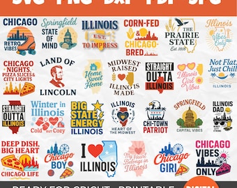 Illinois SVG Bundle | Chicago, Springfield, Midwest Quotes and State Pride Designs | Perfect for Cricut, Sublimation and Printable Crafts