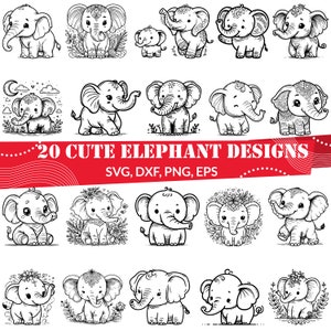 May include: A selection of 20 charming elephant designs in monochrome. The elephants are shown in different poses, some with floral decorations. The text "20 CUTE ELEPHANT DESIGNS" is displayed in red, along with file format options.