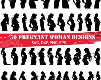 Paquete de imágenes SVG de mujer embarazada / 50 diseños de siluetas de maternidad / Imágenes prediseñadas para baby shower